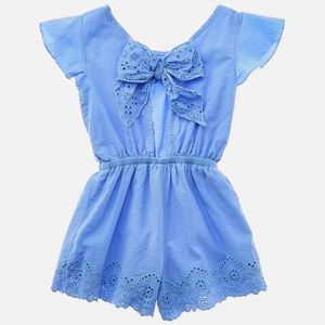 FLAPDOODLES Flutter Sleeve Bow Back Romper Blue 3T 4T